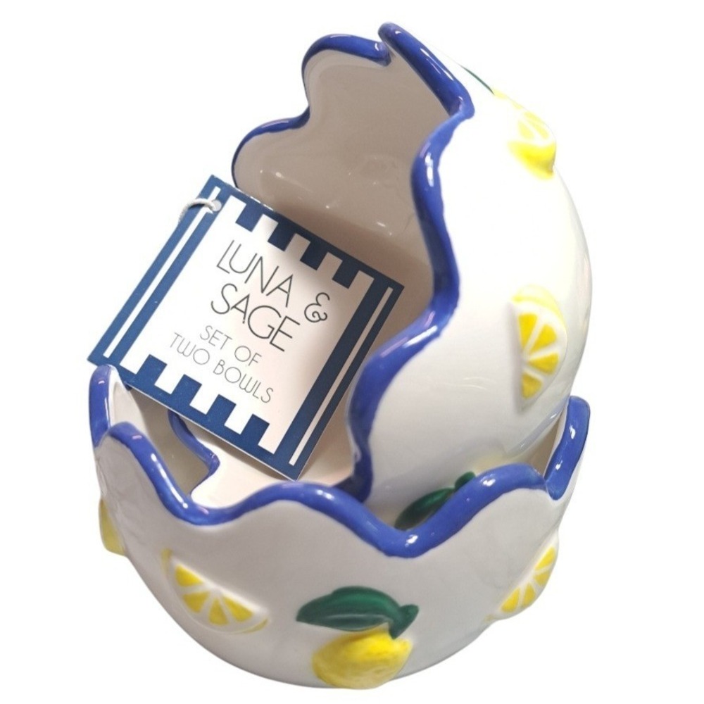 Luna & Sage Set of 2 Lemon Theme Bowls With Blue Scallop Rim Kitchen Dinnerware